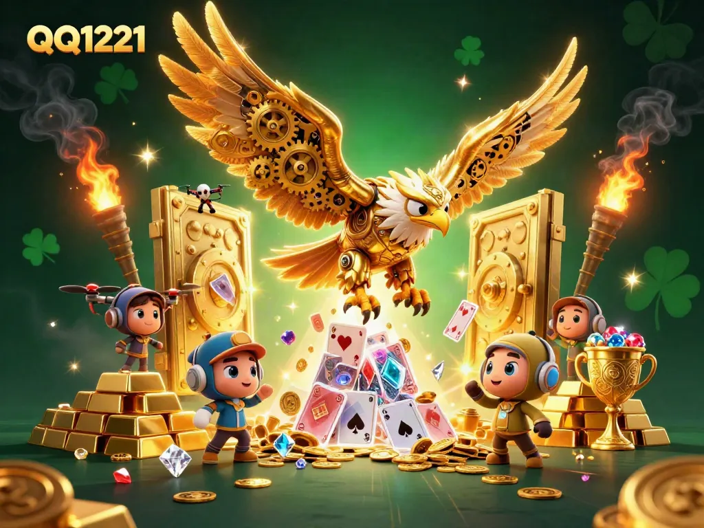 Experience thrilling QQ1221 action in a dynamic casino-inspired illustration showcasing vivid characters and rich gaming elements.