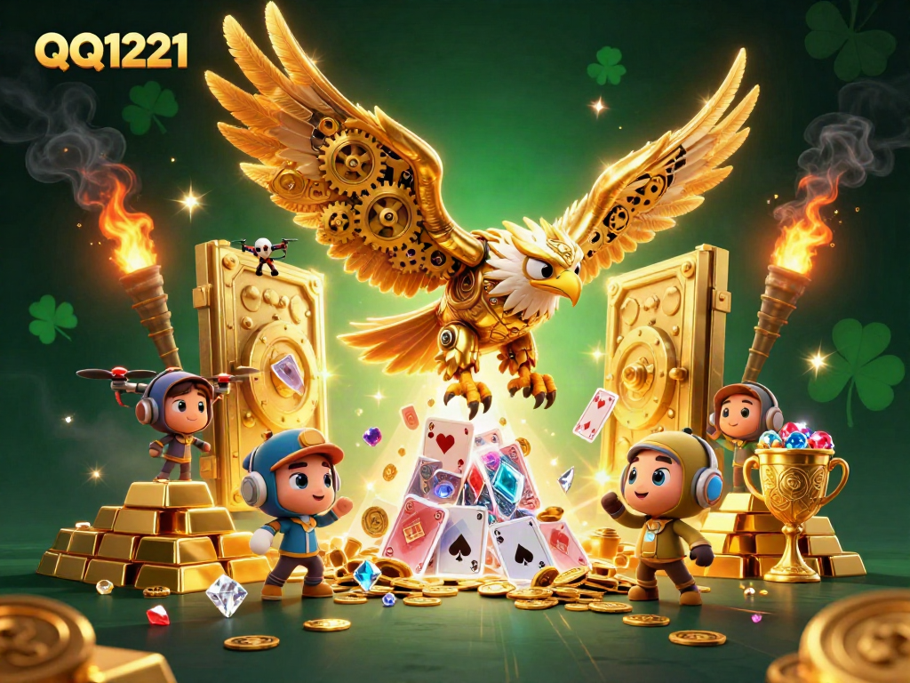 Experience thrilling QQ1221 action in a dynamic casino-inspired illustration showcasing vivid characters and rich gaming elements.