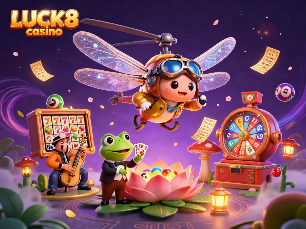 Engage in the LUCK8 casino with a vibrant 3D dragonfly pilot and frog dealer in an exciting gaming atmosphere.