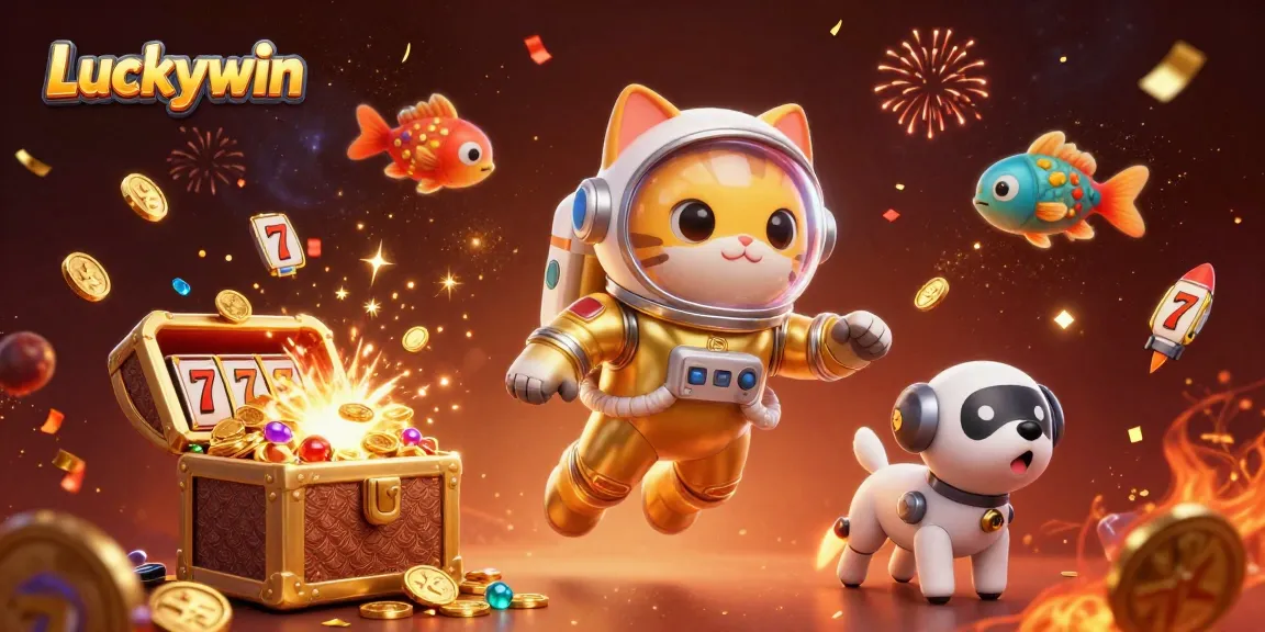 Experience the excitement of Luckywin with our astronaut cat gaming in a vibrant casino universe.