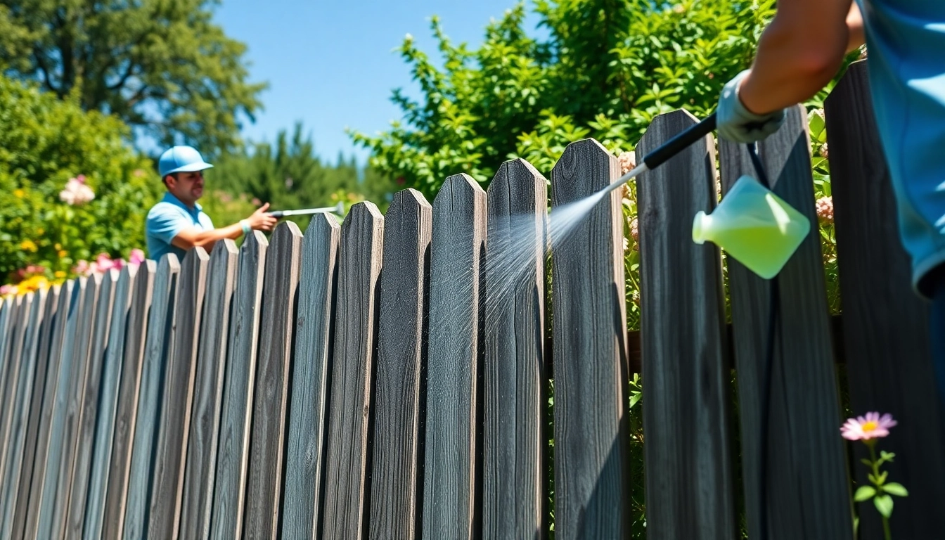 Fence Cleaning process shown with professionals revitalizing a wooden fence in an outdoor setting.