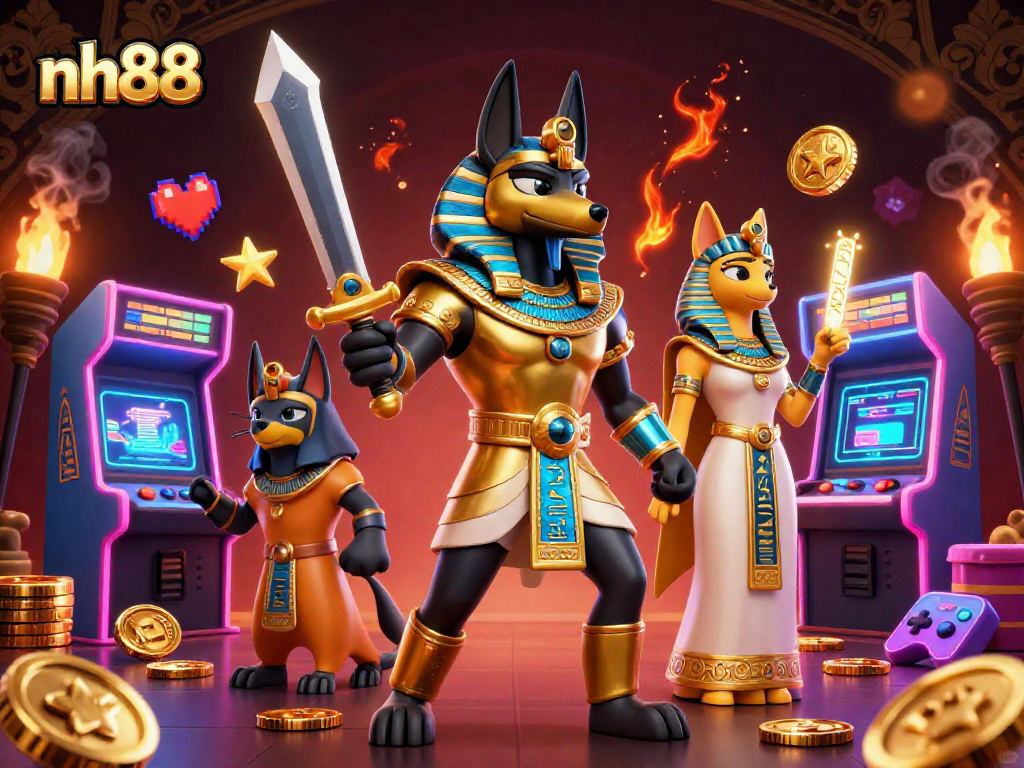 Spin to win on nh88 with Anubis and Bastet in a vibrant casino adventure!