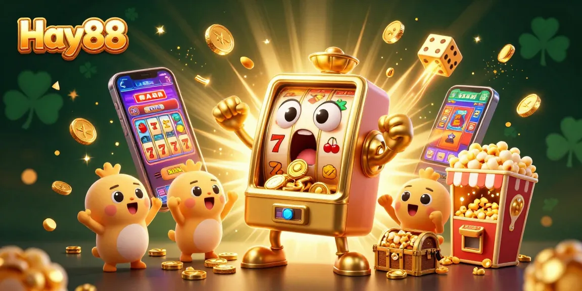 Watch Hay88's golden slot machine celebrating a jackpot amidst a flurry of casino elements with vibrant energy.