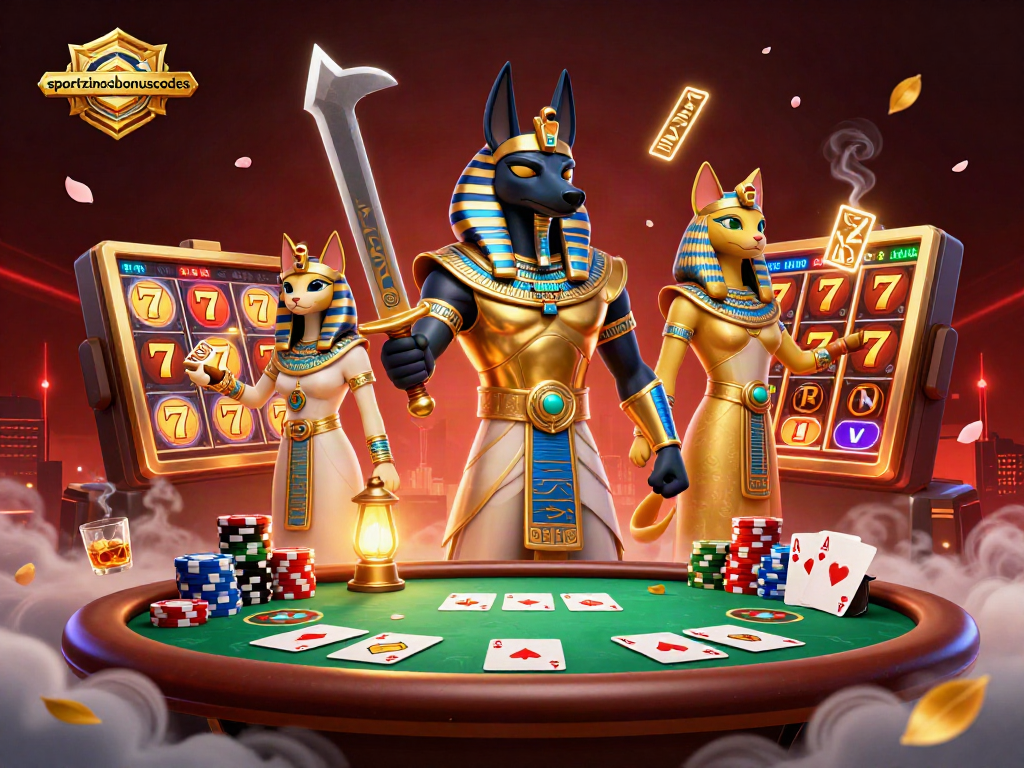 Win big with sportzinobonuscodes in a vibrant poker and slot illustration featuring Anubis and Bastet.