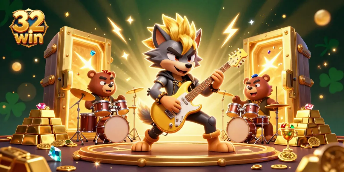 32 win brings excitement to gamblers with a vibrant casino scene featuring energetic characters and treasure elements.