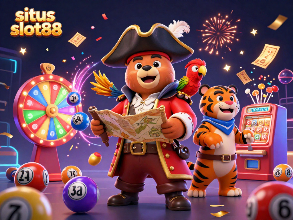 Join the excitement at situs slot88 with a vibrant pirate scene featuring colorful winnings and thrilling gaming elements.