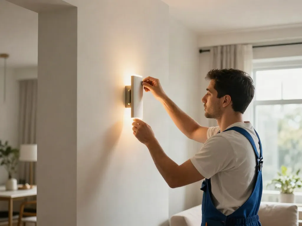 Aplice LED moderne instalate de un profesionist în servicii locale de iluminat.