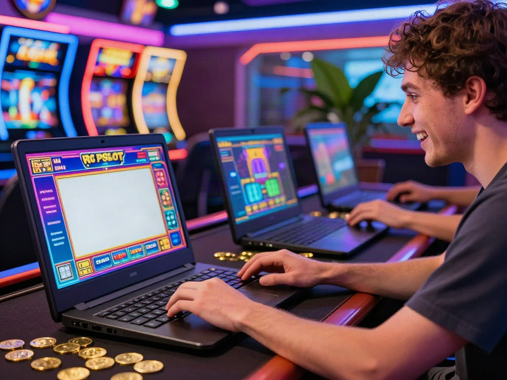 Player enjoying PG SLOT on laptop in a vibrant gaming setup with coins and neon lights.
