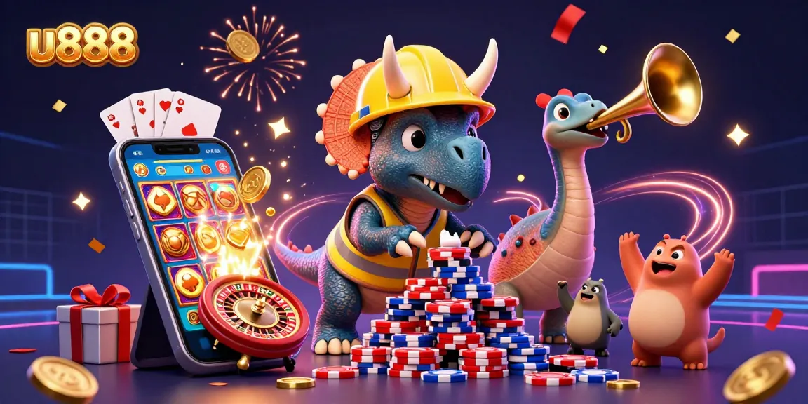 Experience u888 with a celebration of slot games and casino fun featuring vibrant 3D characters.