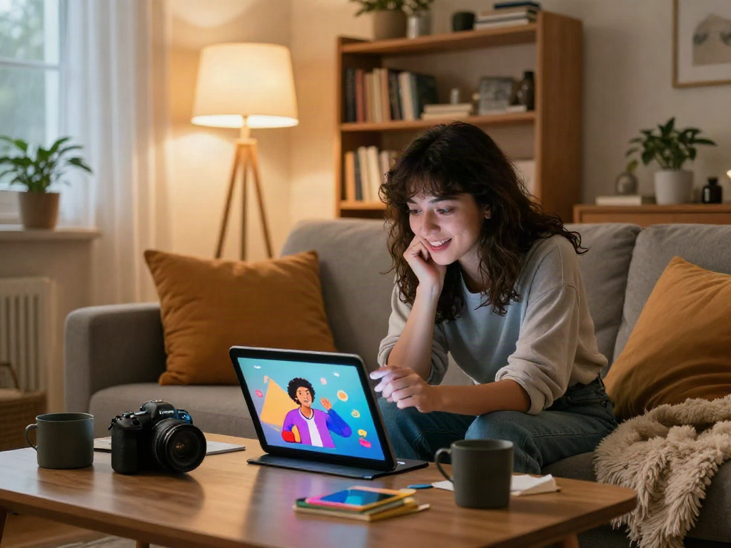 Engaging with a girlfriend AI on a tablet in a cozy living room, showcasing technology's personal touch.