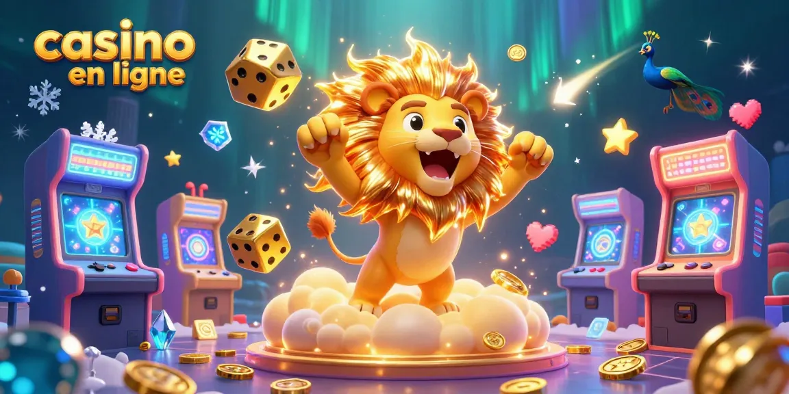 Découvrez le monde des jeux en ligne avec "casino en ligne", illustré par un lion rayonnant et des dés d'or.