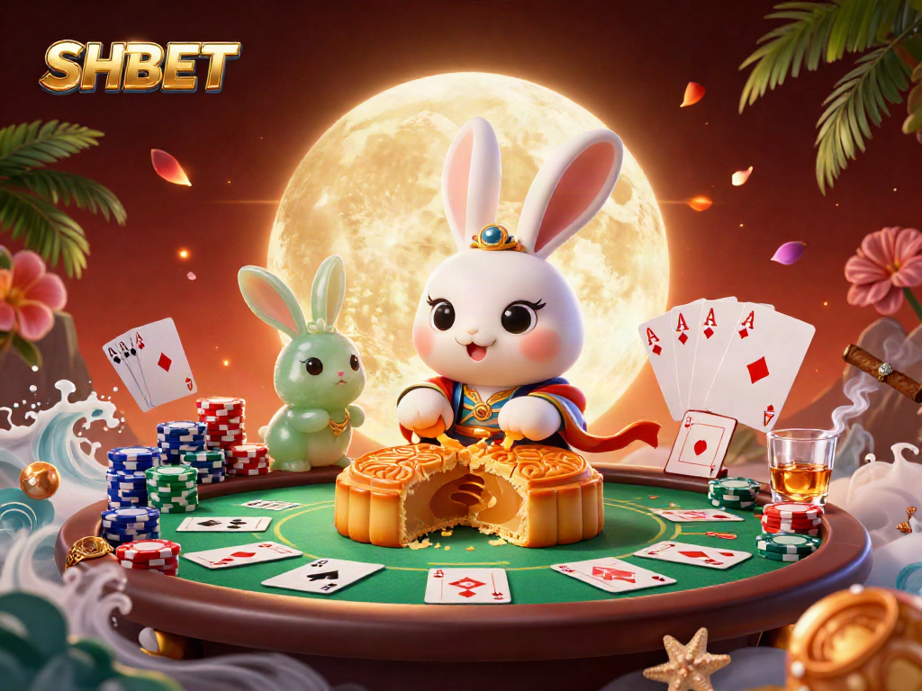 Experience SHBET's vibrant poker scene with whimsical rabbits, poker chips, and lunar magic.