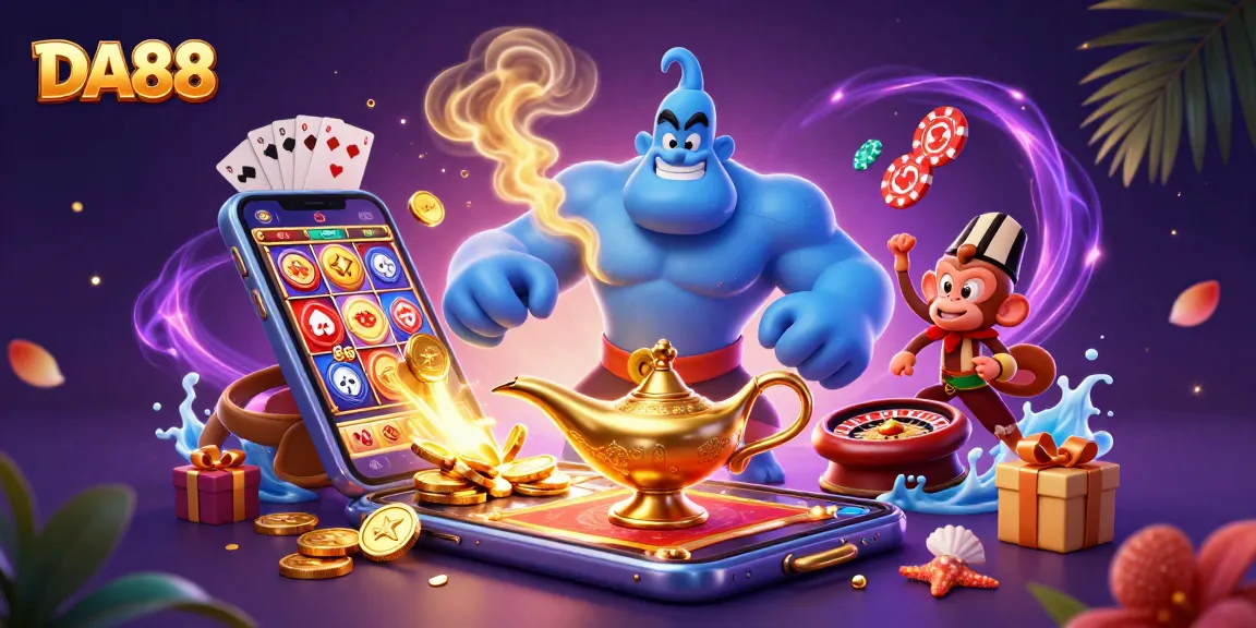DA88 casino illustration featuring a genie, monkey, and poker chips with vibrant casino elements.