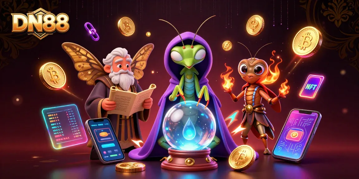 Engage in thrilling gameplay with DN88's fantasy scene featuring a fortune teller and iconic crypto elements.