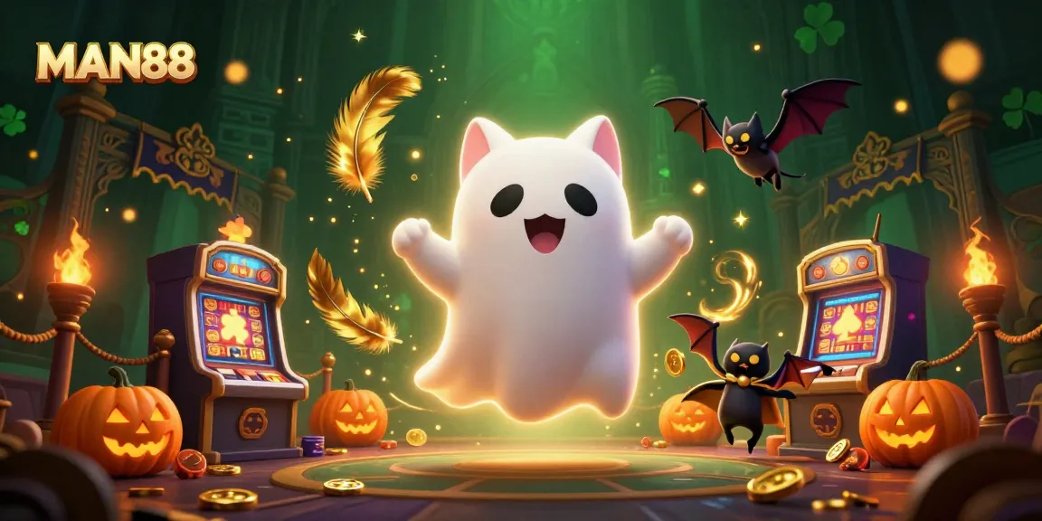 Join the thrill at MAN88 with a ghost cat and bat winning in a haunted casino!