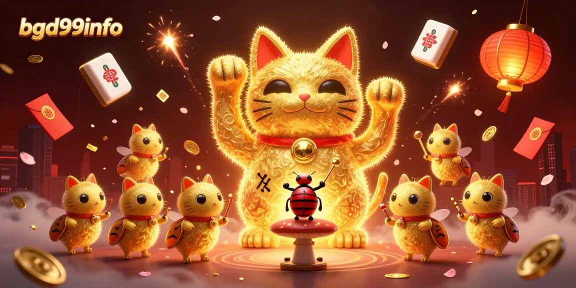 Exciting gameplay at bgd99info with a lucky cat surrounded by dynamic casino symbols and festive decorations.