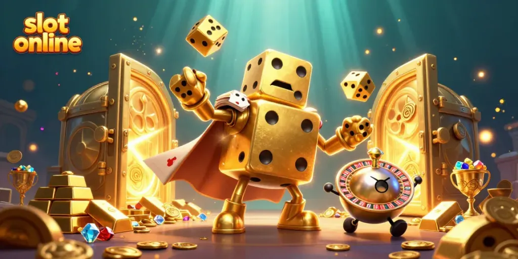 Engage with the excitement of slot online gaming featuring a bouncing golden dice golem.
