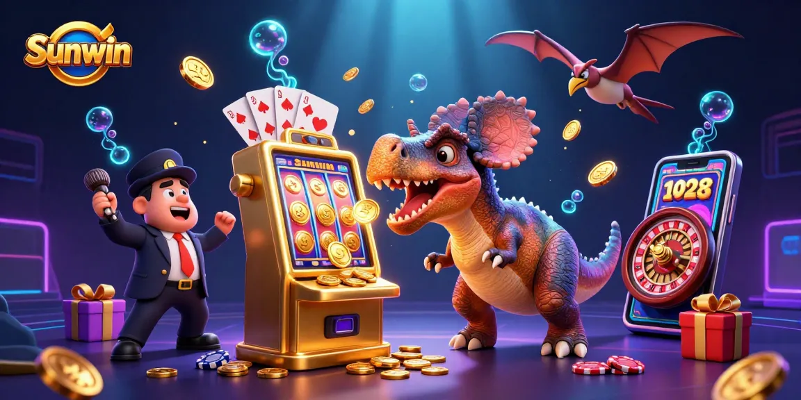 Sunwin captivates players as a pachycephalosaurus headbutts a jackpot slot machine amidst a vibrant casino scene.