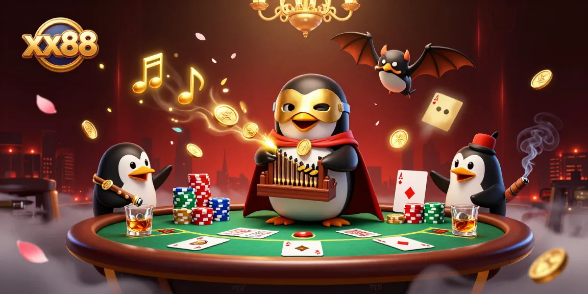Experience thrilling gameplay at xx88 with a charismatic penguin playing music amidst a vibrant casino atmosphere.
