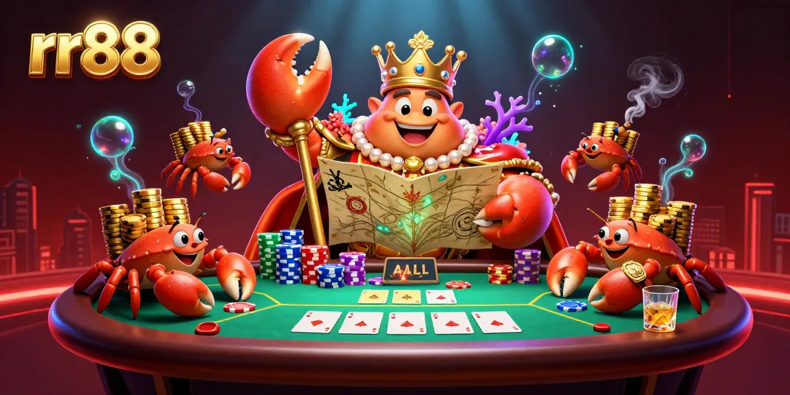 Engage with the rr88 casino realm where gaming meets grandeur, featuring a golden crab emperor and vibrant poker elements.