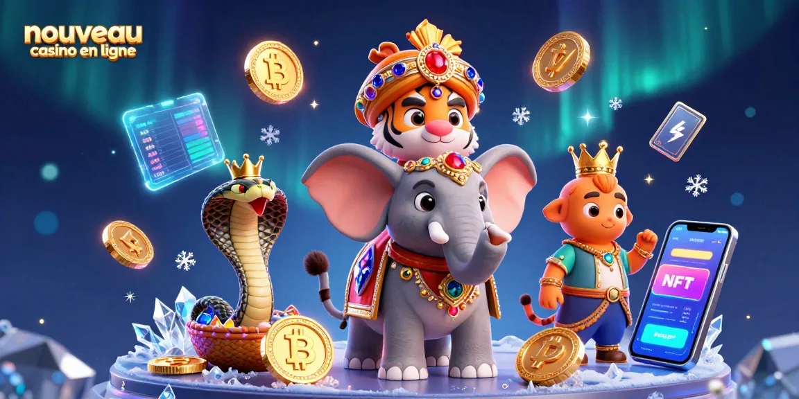 Image représentant un nouveau casino en ligne avec un tigre maharaja et un éléphant, entourés de crypto-monnaies.