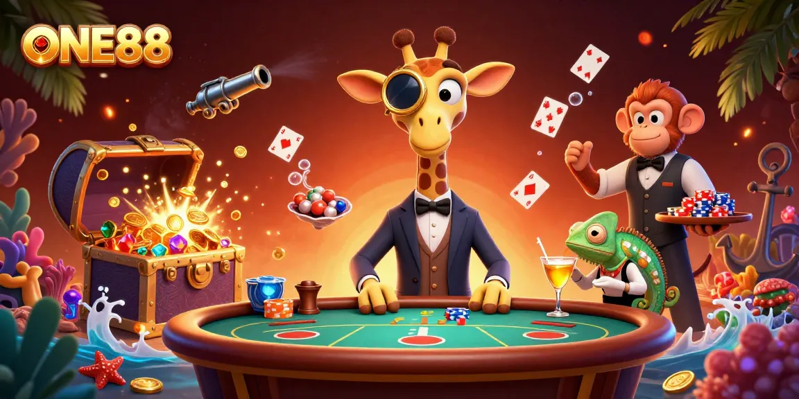 Experience the thrill at ONE88 with a dynamic casino scene featuring unique characters and vibrant game elements.