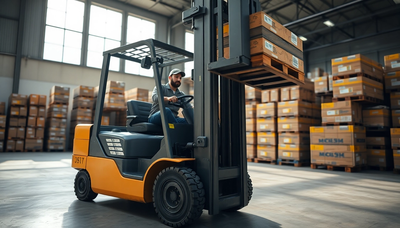 Operator maneuvering a forklift to lift pallets in a dynamic warehouse environment.