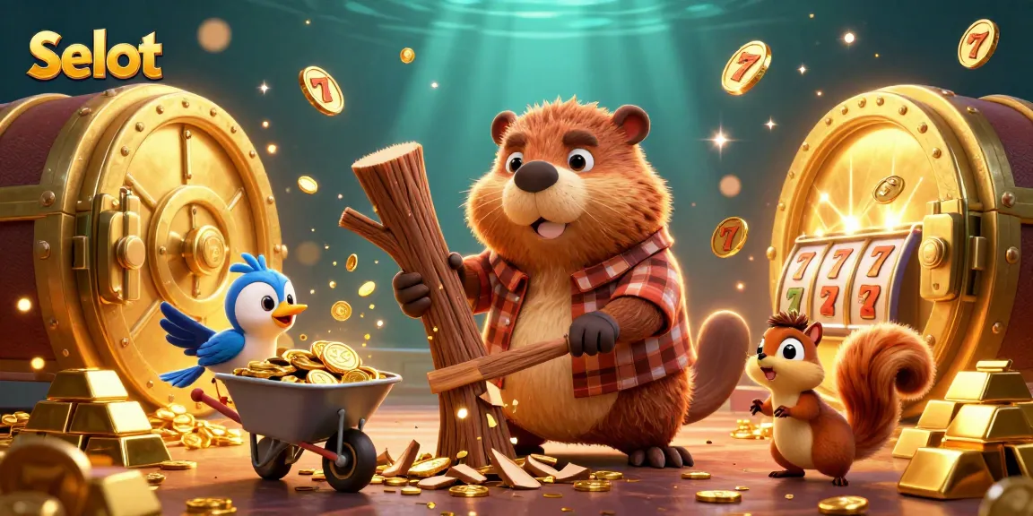 Win big with selot-themed casino fun as a beaver collects coins in a vibrant scene.