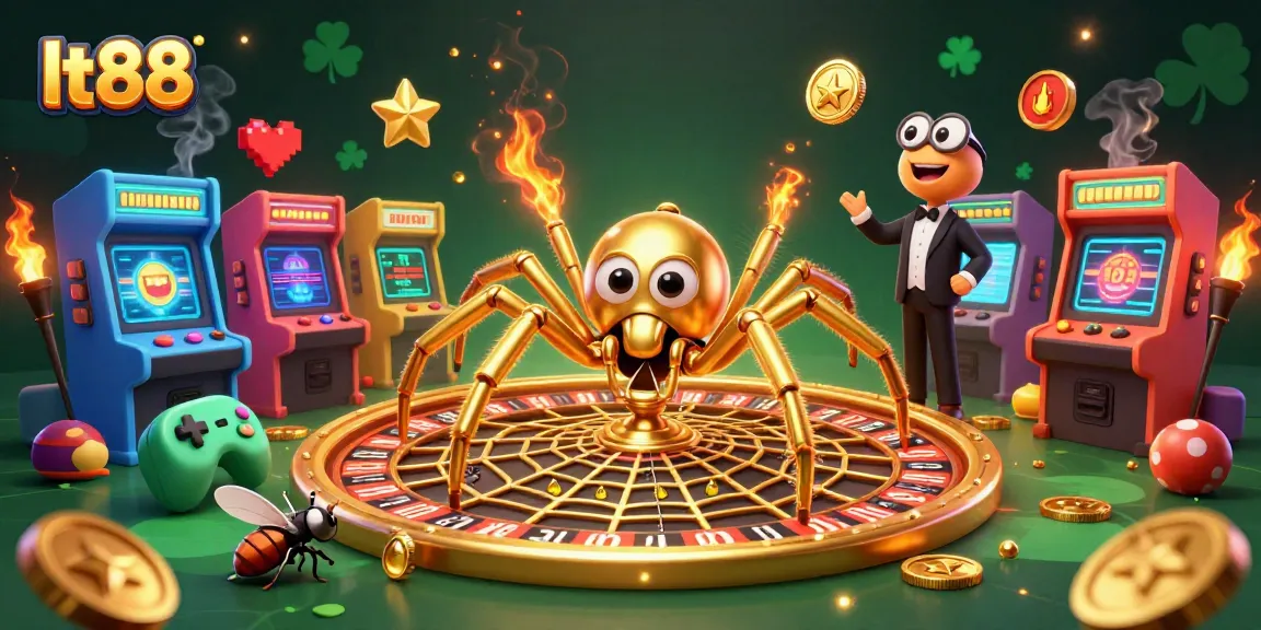 Players enjoy thrilling games at lt88, featuring a vibrant roulette wheel and colorful arcade elements.