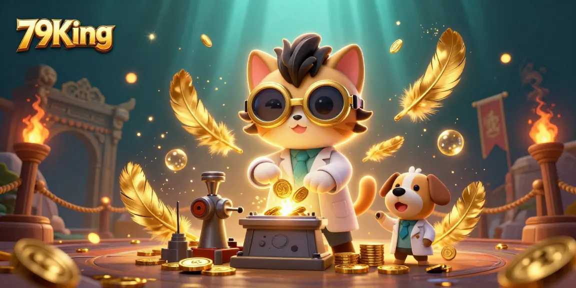 Experience exciting gameplay at 79King with a thrilling casino-inspired illustration featuring a mad scientist cat!