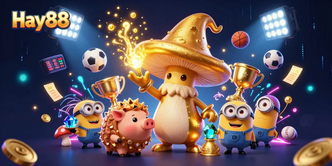 Experience Hay88's magical gaming world with golden wizardry and dynamic sports elements in a vibrant 3D scene.