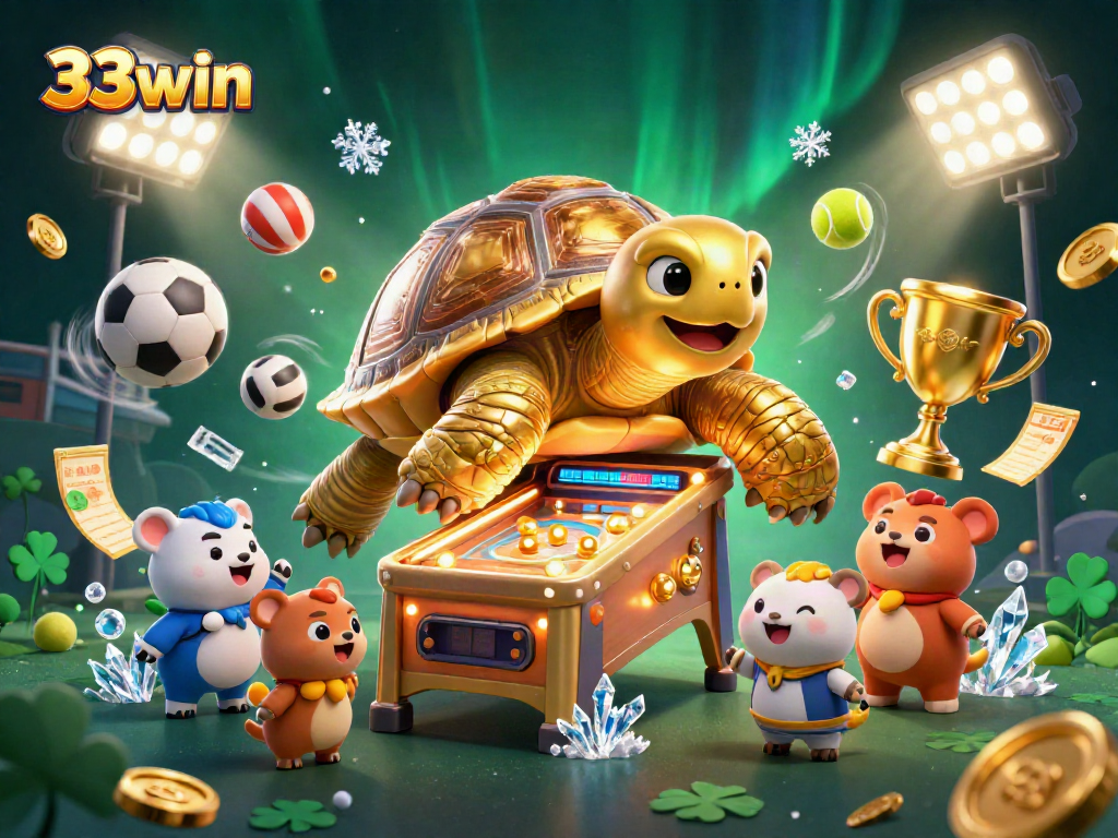 Experience the thrill of 33win with a dynamic casino scene featuring sports balls and a unique golden tortoise.