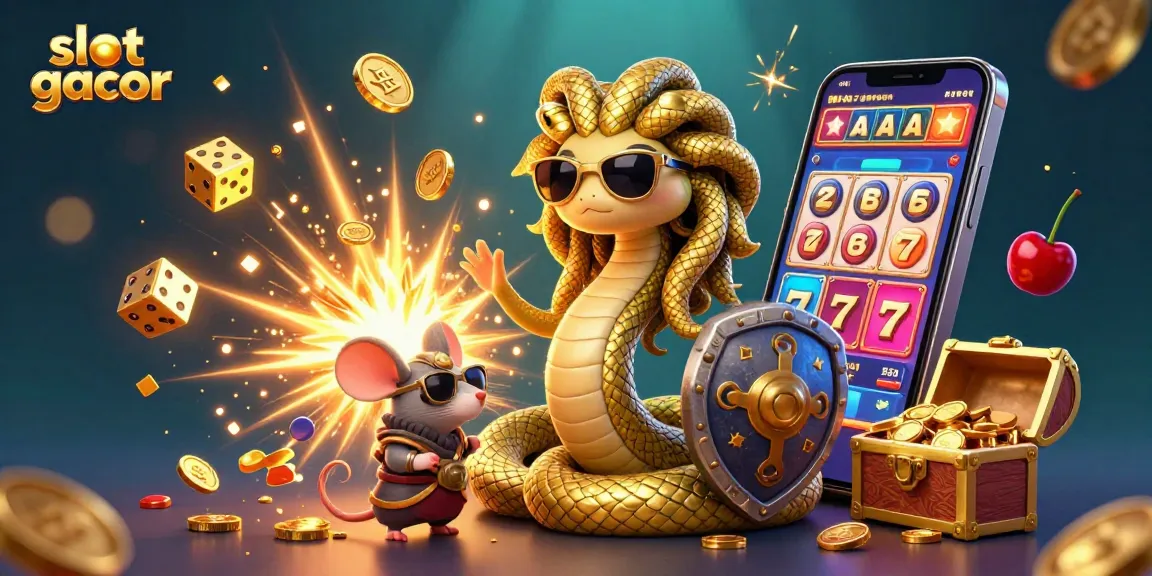 Experience the excitement of slot gacor with Medusa and warrior mouse amidst jackpot coins and vibrant game elements.