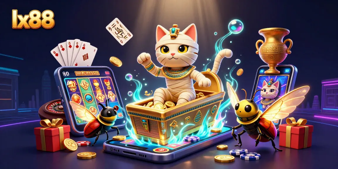 Engage with lx88's vibrant casino scene featuring a mummy cat and scarab beetle enjoying thrilling gaming elements.