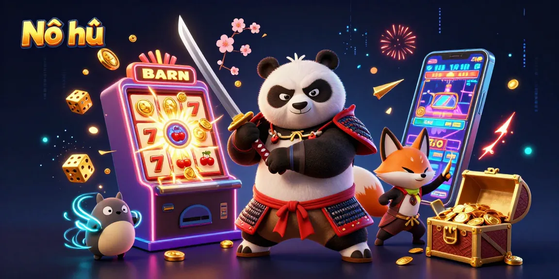 Nổ hũ captures vibrant casino thrill with samurai panda and ninja fox amidst a jackpot explosion.