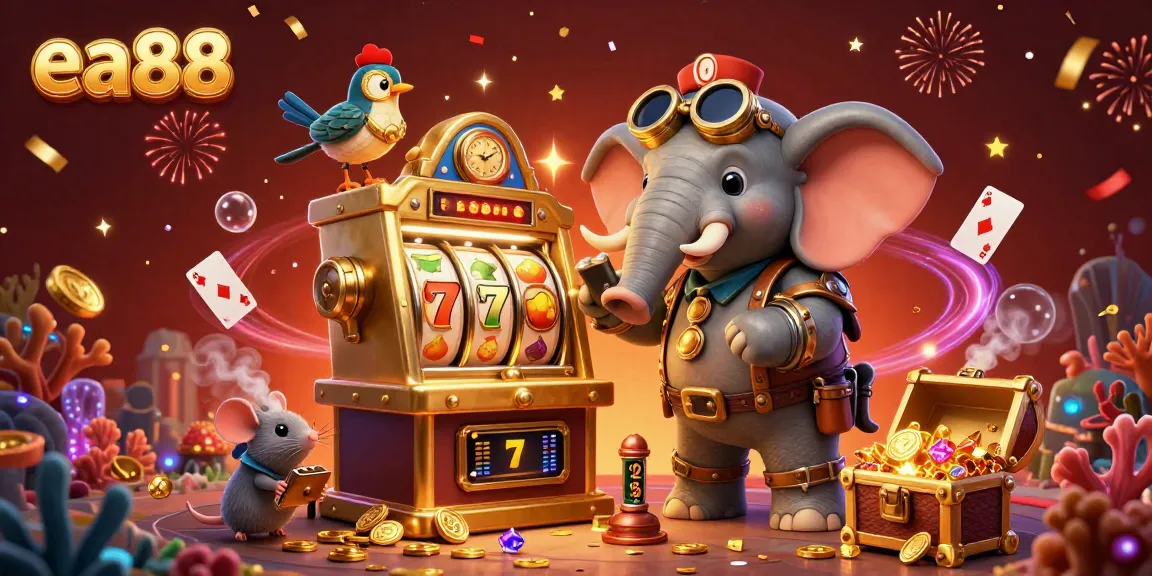 Spin the winning reels with ea88's cartoon steampunk elephant slot machine surrounded by treasures and confetti.