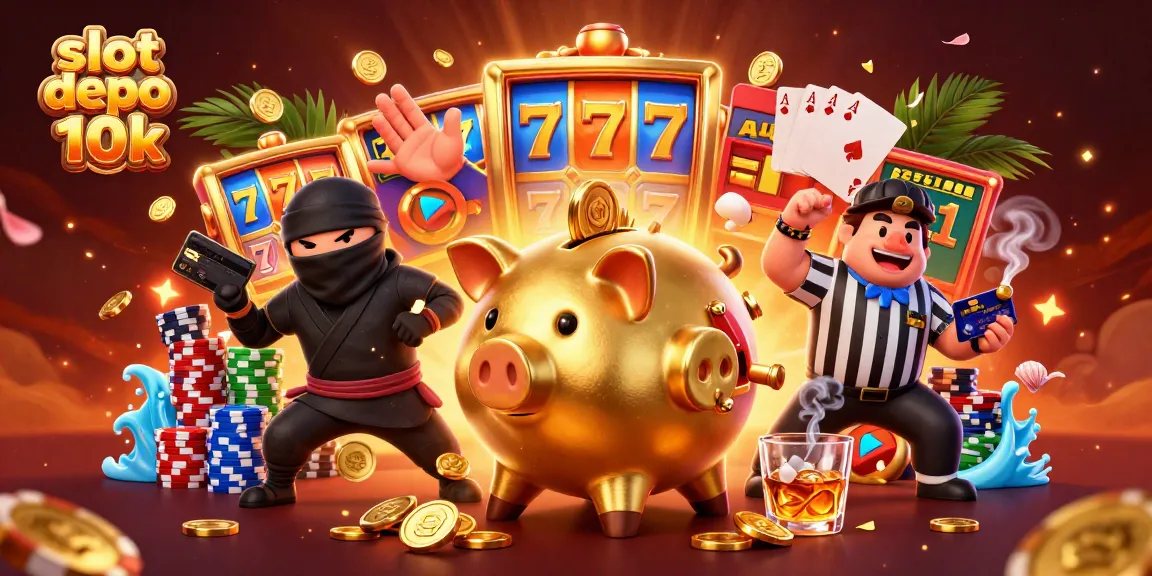 Engage with the thrill of slot depo 10k as golden coins rain down from a sumo wrestler piggy bank surrounded by vibrant casino elements.