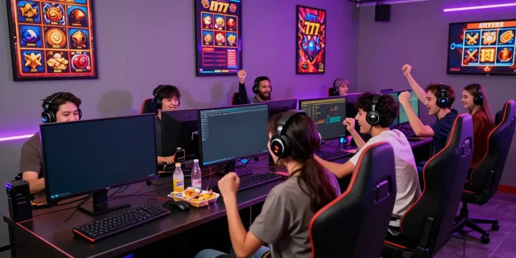 Suasana permainan slot777 yang ceria dengan teman-teman bersemangat di ruangan gaming modern.