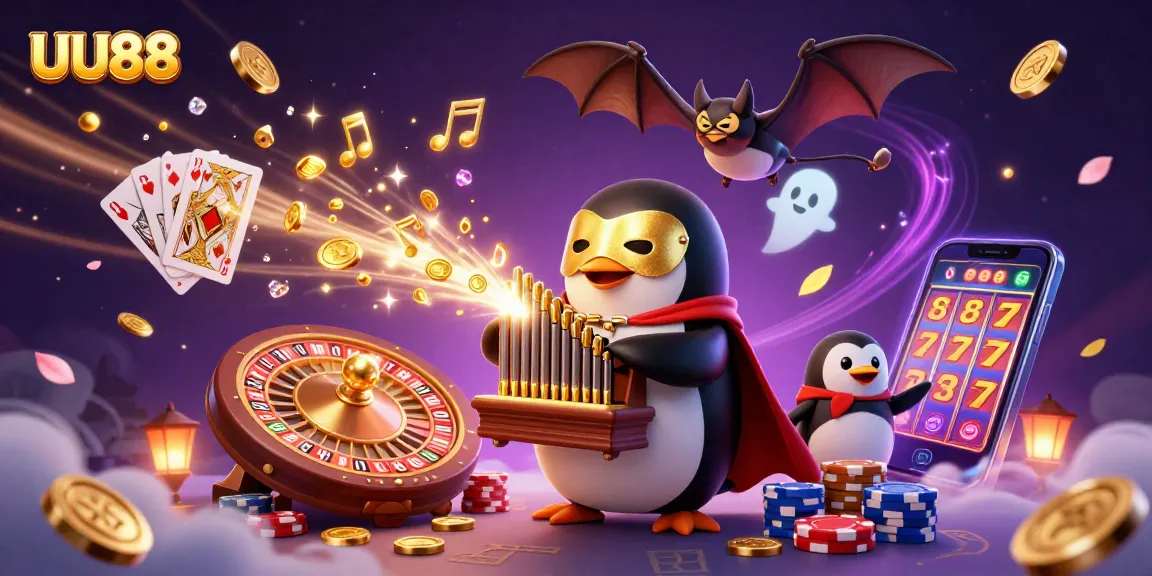 Experience exhilarating gambling at UU88 with a playful penguin, golden coins, and animated casino elements.