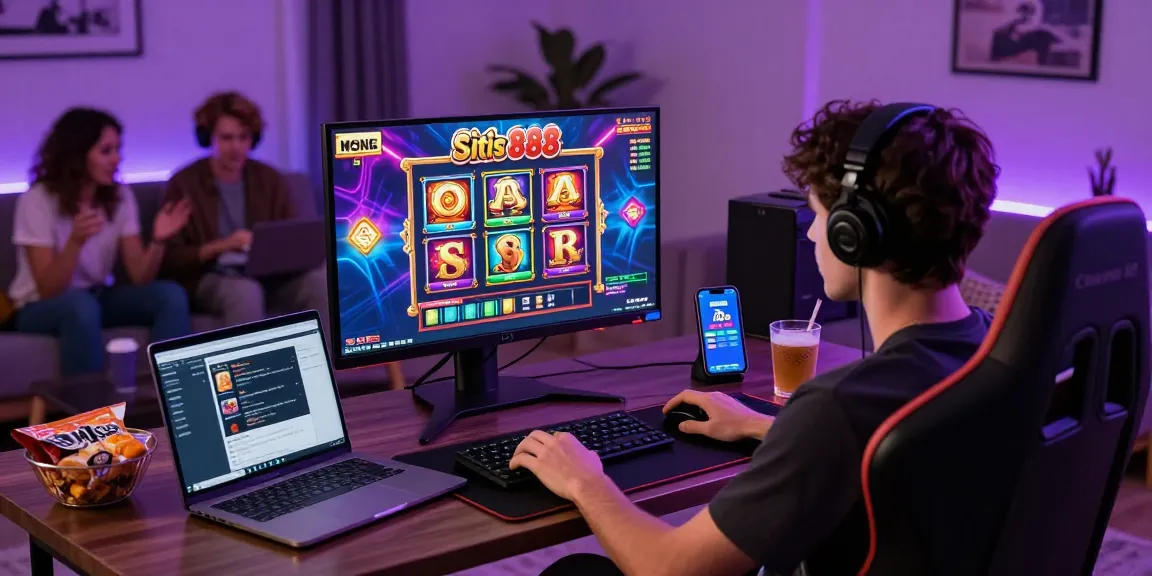 Player immersed in situs 888 online slot gaming experience with colorful graphics and modern setup.