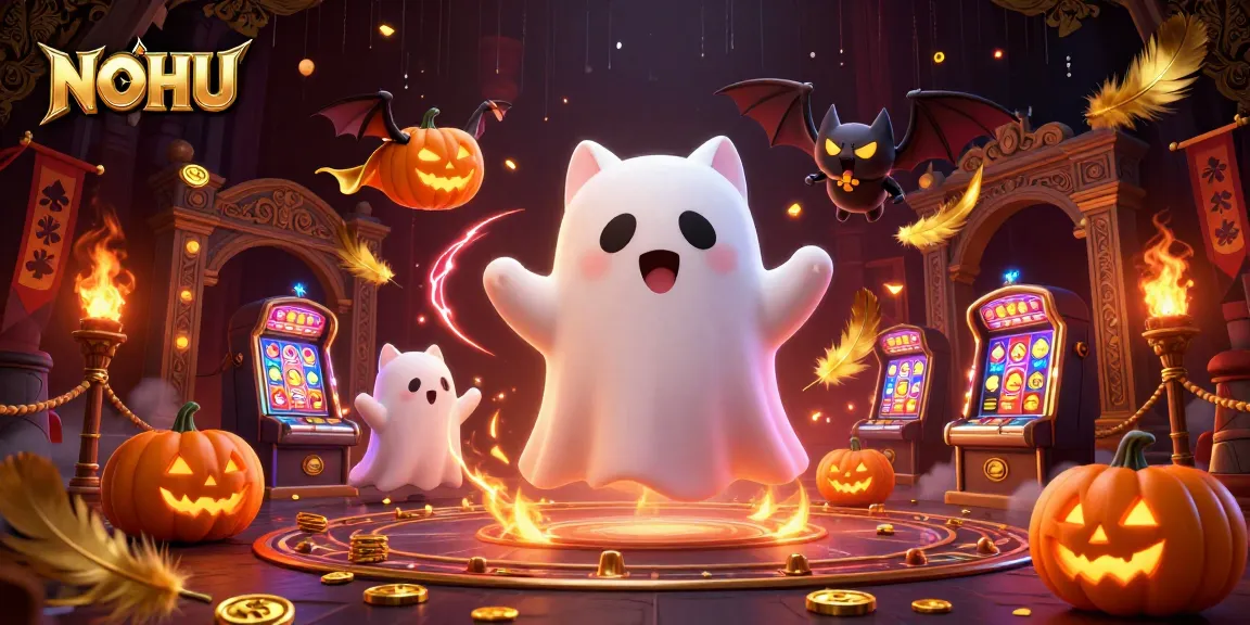 Engage with NOHU's thrilling gaming experience featuring a ghost cat and vampire bat in a haunted casino.