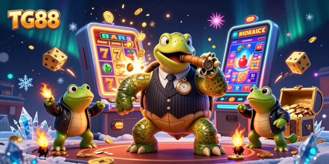 Experience the excitement of TG88 with a vibrant casino scene featuring a snap turtle mobster and bullfrog enforcers.