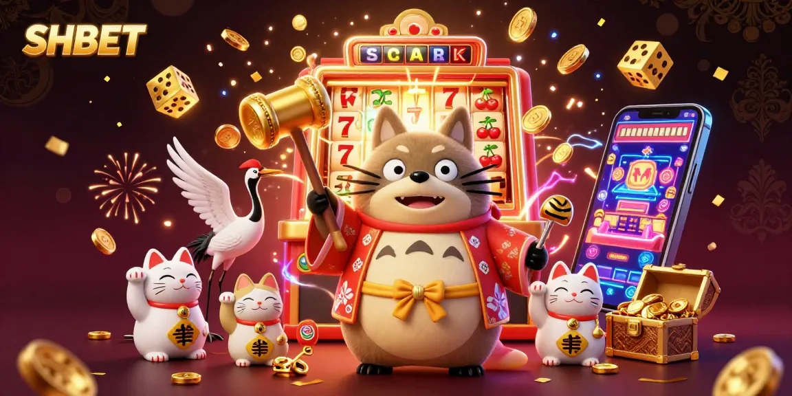 Join the excitement of SHBET with a colorful scene featuring a lucky tanuki and dynamic casino elements.