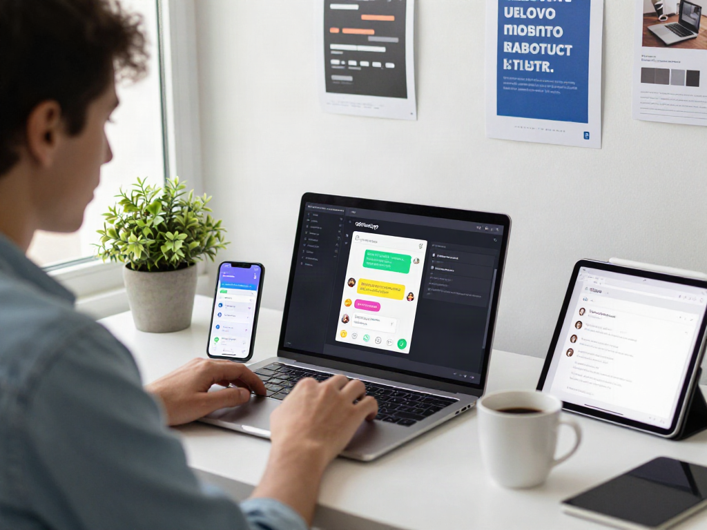 Developer engaging with GBWhatsApp on a laptop, showcasing app design elements and a vibrant workspace.