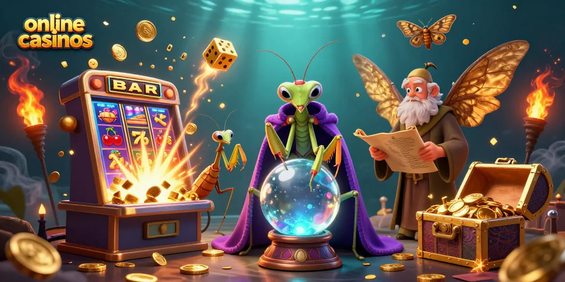 Engage with online casinos featuring a mystical scene of a fortune teller, golden moth librarian, and floating fireflies.