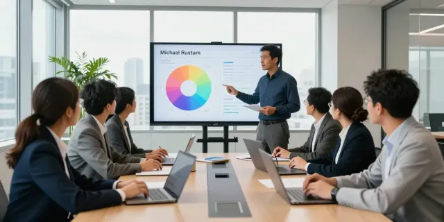Michael Rustom leading a team meeting in a modern Toronto office, discussing sales strategies with engaging visuals.