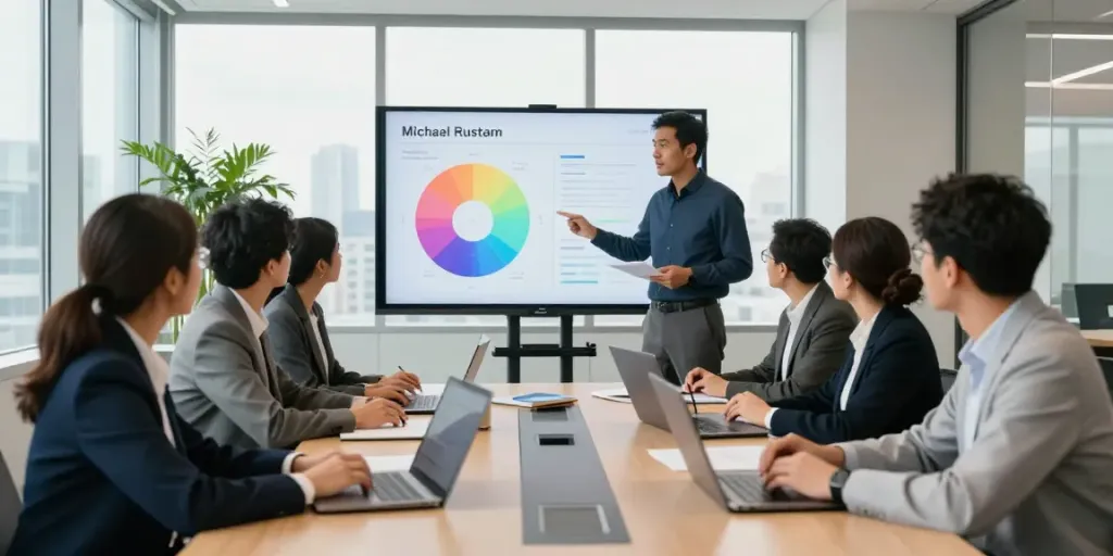 Michael Rustom leading a team meeting in a modern Toronto office, discussing sales strategies with engaging visuals.