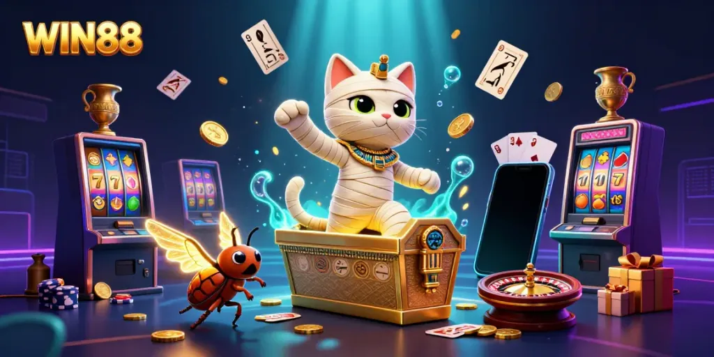 Experience WIN88 slots magic with a cartoon mummy cat and glowing scarab in a pyramid casino scene.
