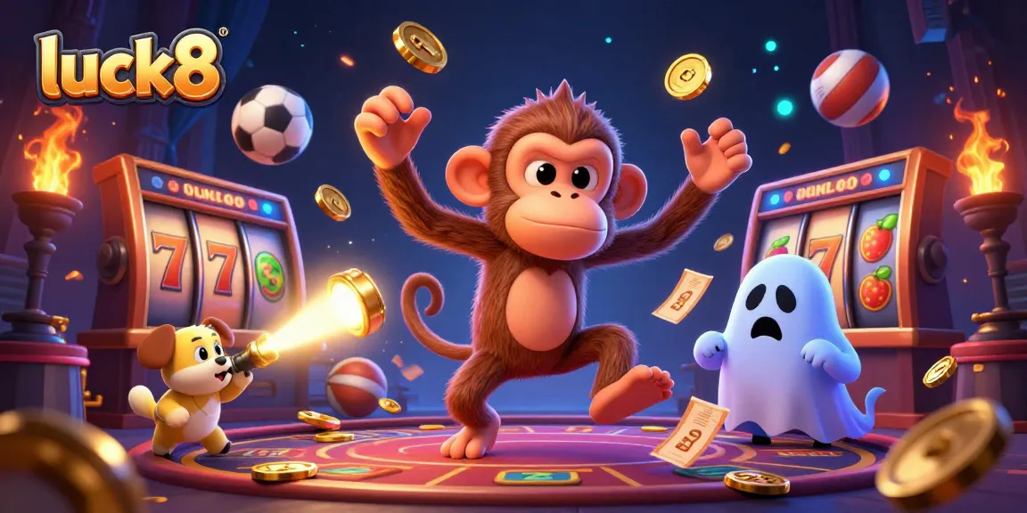 Engaging luck8 scene with a playful monkey amid slot reels and sports balls in a vibrant casino.