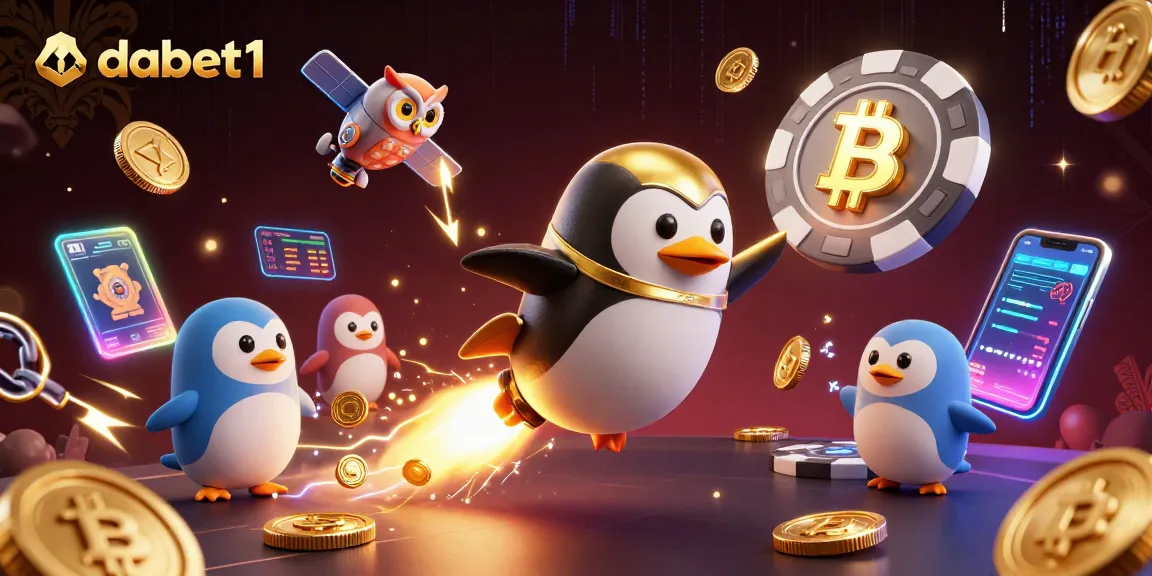 Experience dabet1 with a vibrant 3D visualization of a penguin and cosmic casino elements.